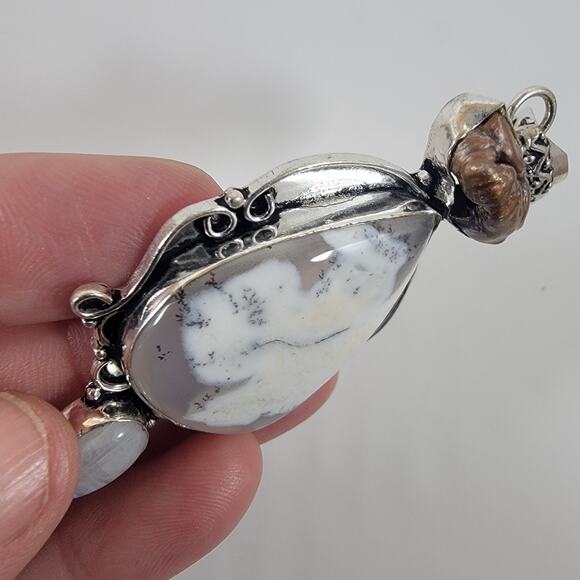Handmade Silver Pendant with Dendritic Opal, Moonstone & Freshwater Pearl - Picture 10 of 10